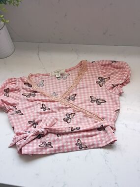 No Comment Pink Gingham Butterfly Wrap Top